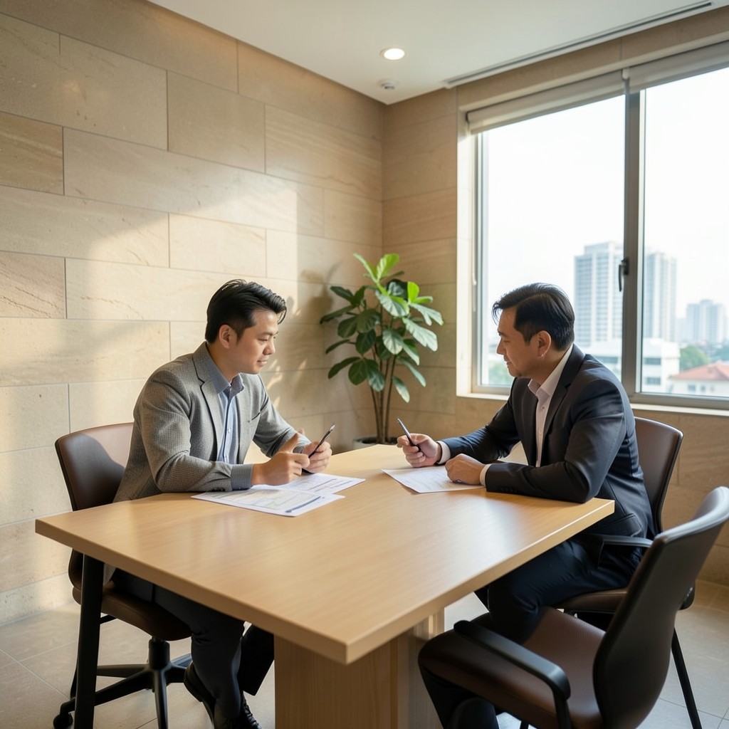 Two logistics advisors reviewing printed route sheets in a Bangkok meeting room