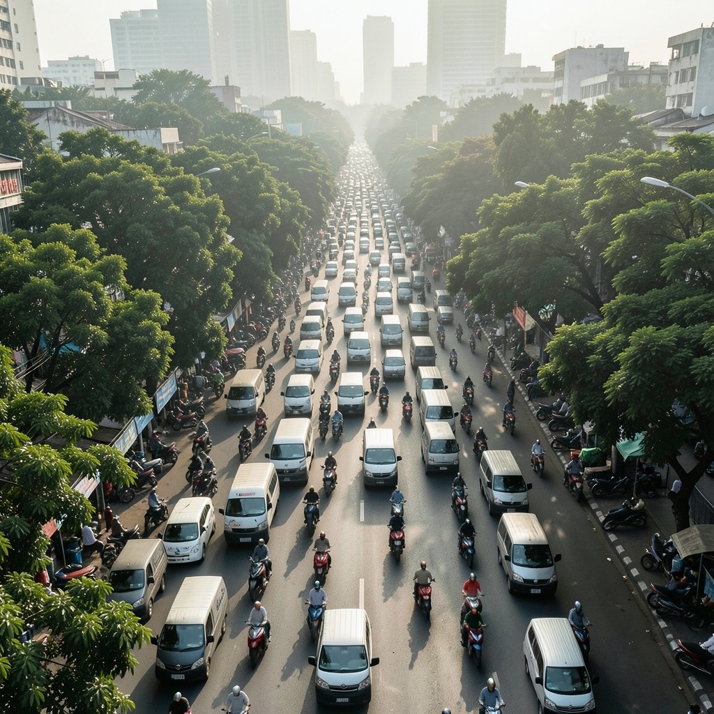 Aerial view of mixed traffic along a dense urban delivery route