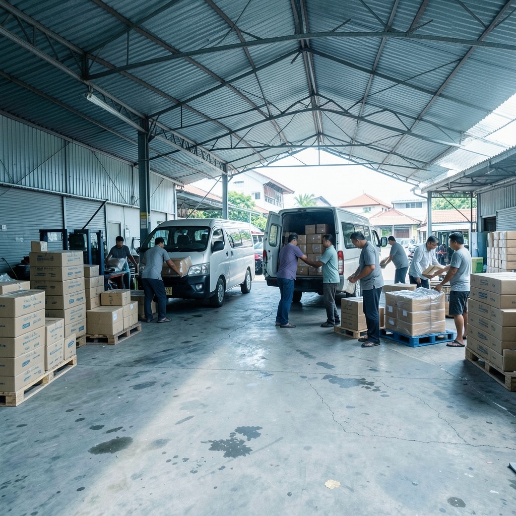 Workers loading parcels at a covered depot dock in Bangkok