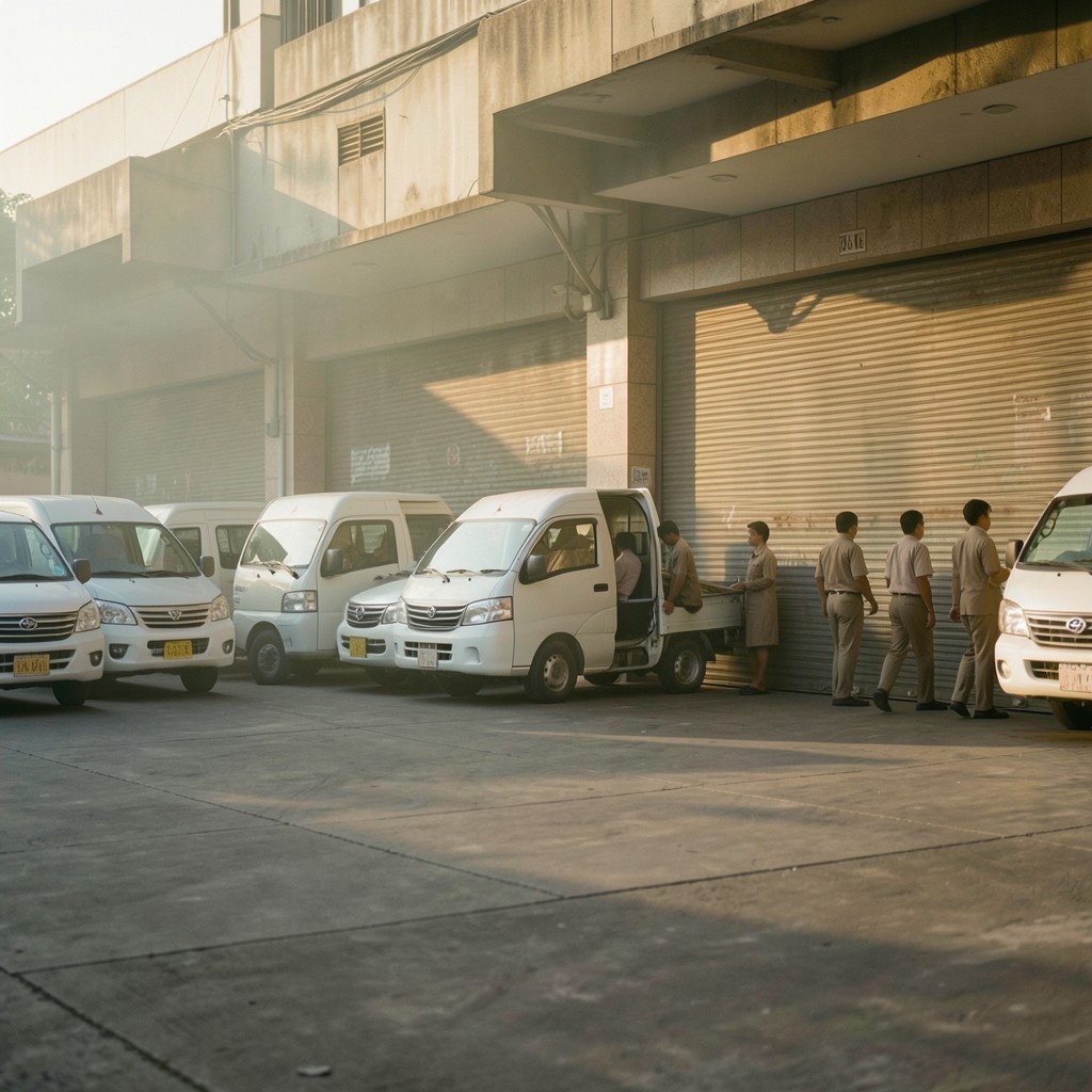 Early morning parcel vans lined at a Bangkok depot gate