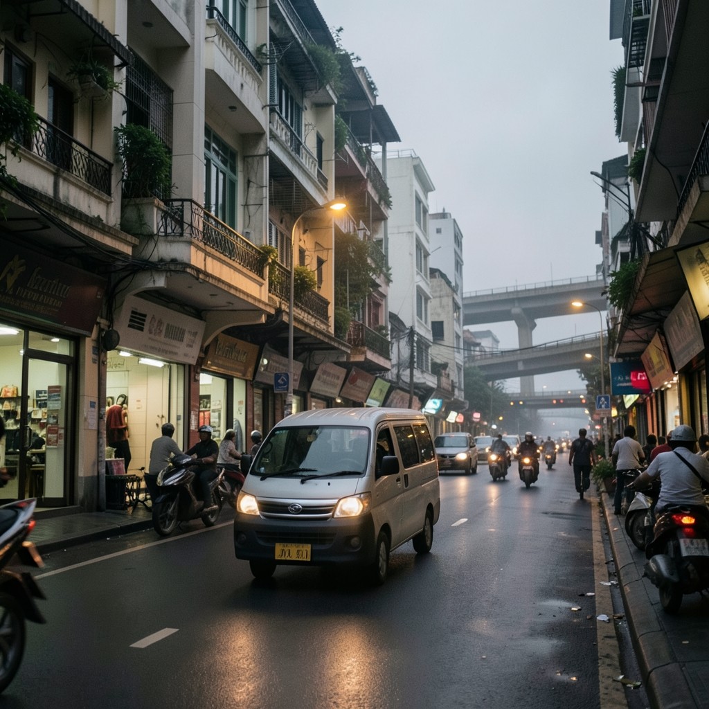 Delivery van moving through a Bangkok urban corridor at dusk