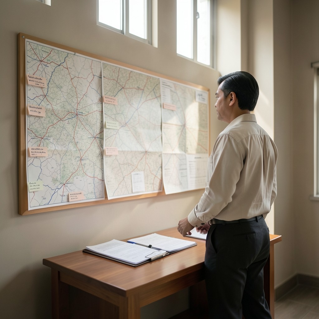 Dispatch coordinator reviewing delivery route maps on a wall board
